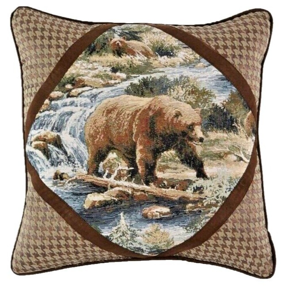 Croscill Throw Pillow Kodiak Bear Houndstooth Cabin Lodge Rustic Alaska 18x18"